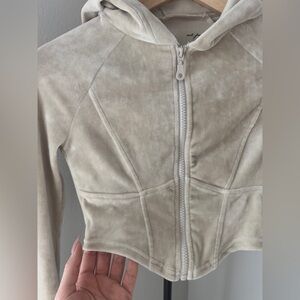 Urban Outfitters Velour Cropped Zip-Up Hoodie | Cream Tan | XS